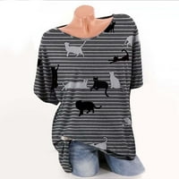 Női ingek női őszi felsők Laza macska nyomtatás Puha okozati Rövid ujjú póló felső blúz Fekete XXXXXL
