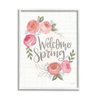 A Stupell Industries üdvözlöm a tavaszi üdvözlet virágzó rózsaszín rózsák kockás minta grafikus művészet fehér keretes